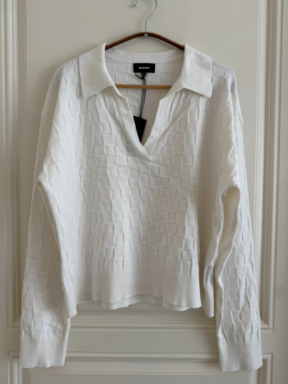 Monrow checkered polo sweater NWT textured knit pullover white L